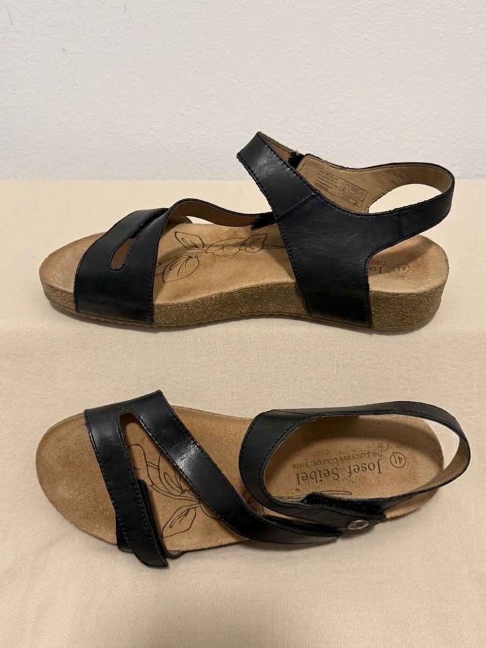 Josef Seibel Black Leather Tonga Sandals Adjustable Straps Size 41 or 10-10.5